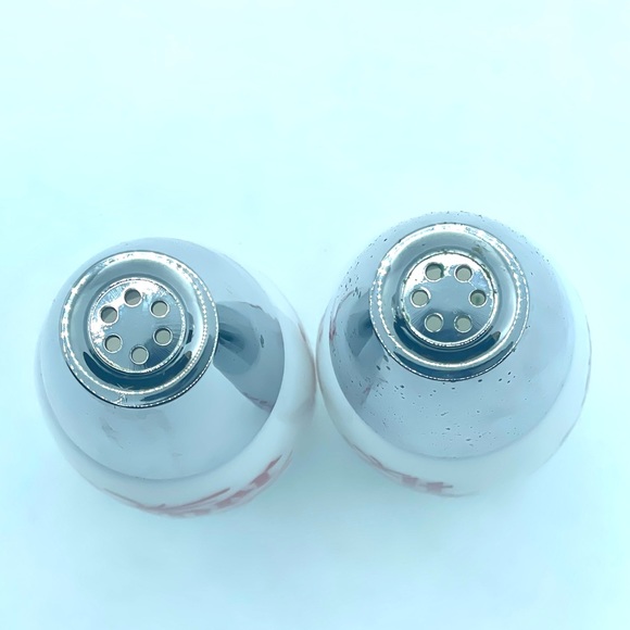 Vintage White Milk Glass Salt and Pepper Shaker. Silver Tops W/ Red Writing - Picture 4 of 4